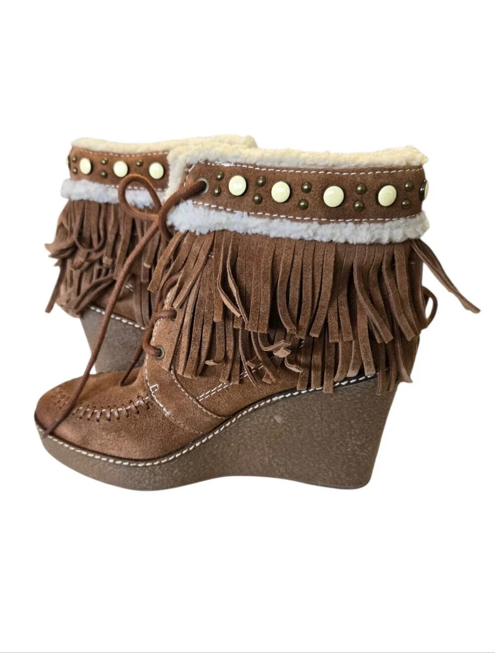 Sam Edelman Fringe Sherpa Lace Up Ankle Boots Brown Suede Size 8.5 🤎🍂